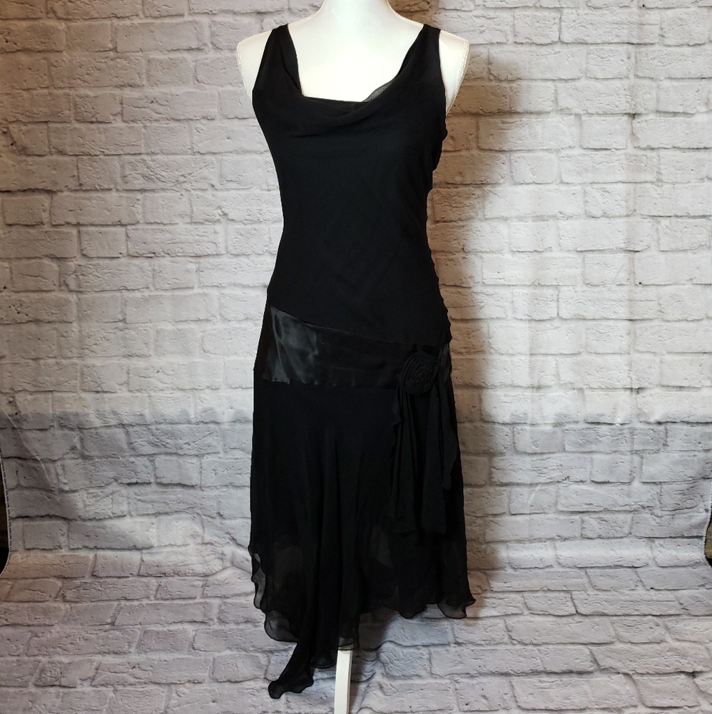 Formal black silk dress asymmetrical style